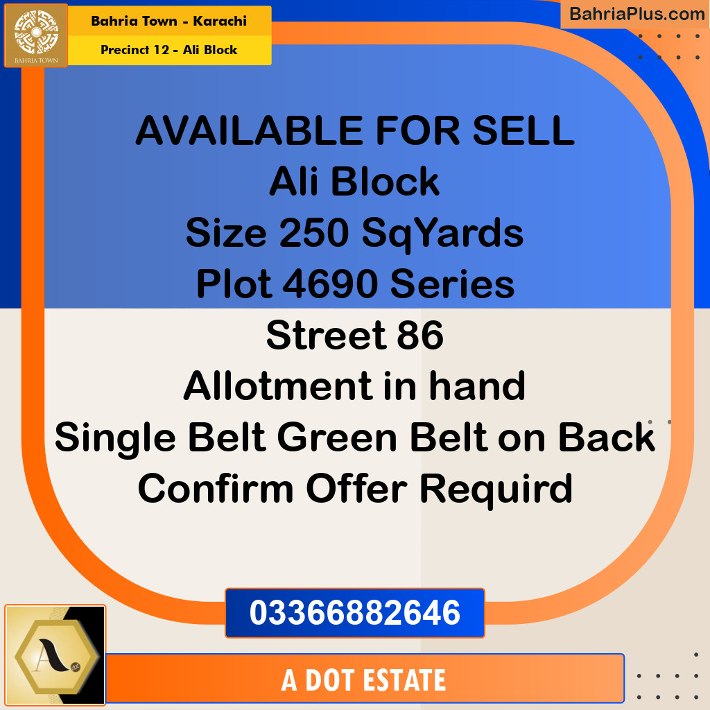 250 Sq. Yards Residential Plot for Sale in Precinct 12 - Ali Block - Bahria Town, Karachi - (BP-203166)