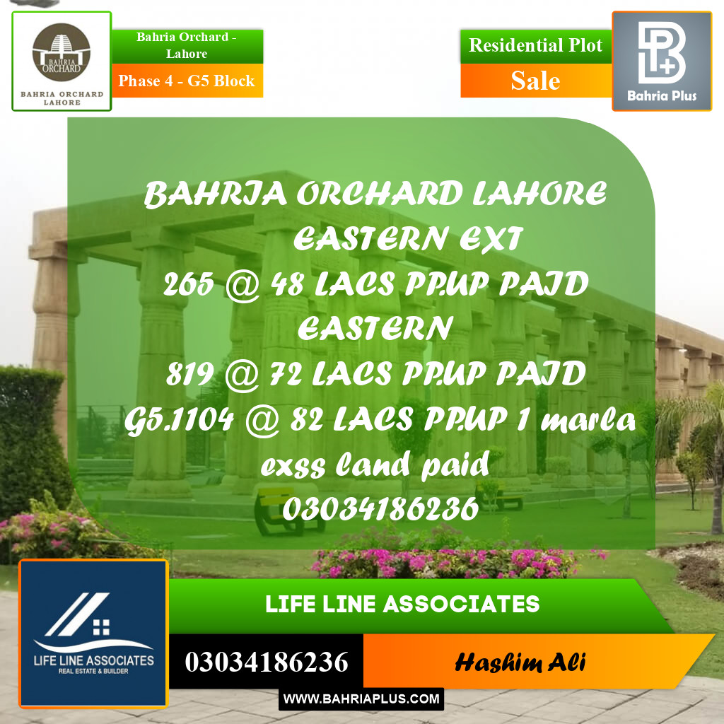 10 Marla Residential Plot for Sale in Phase 4 - G5 Block -  Bahria Orchard, Lahore - (BP-203525)