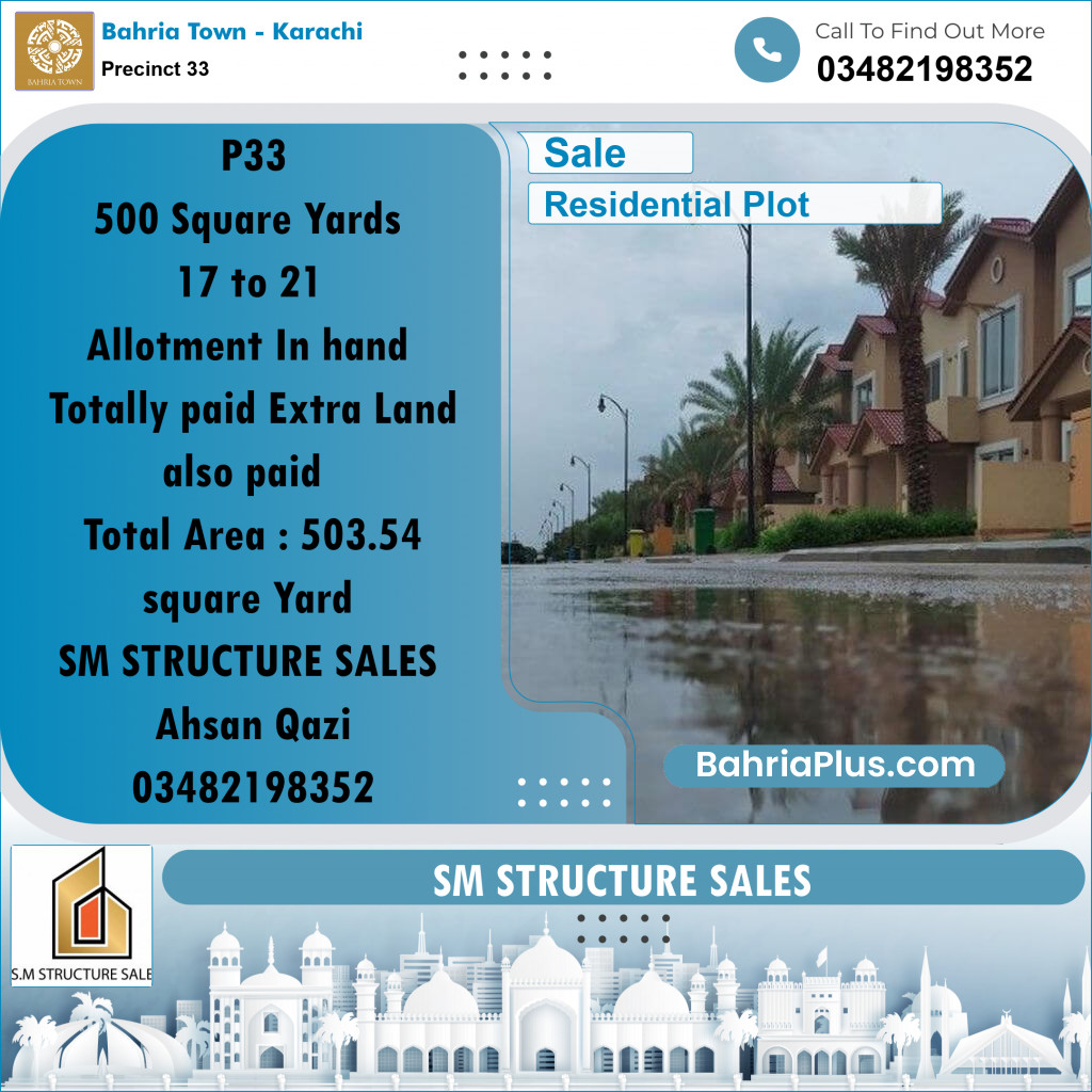 503.54 Sq. Yards Residential Plot for Sale in Precinct 33 - Bahria Town, Karachi - (BP-203555)