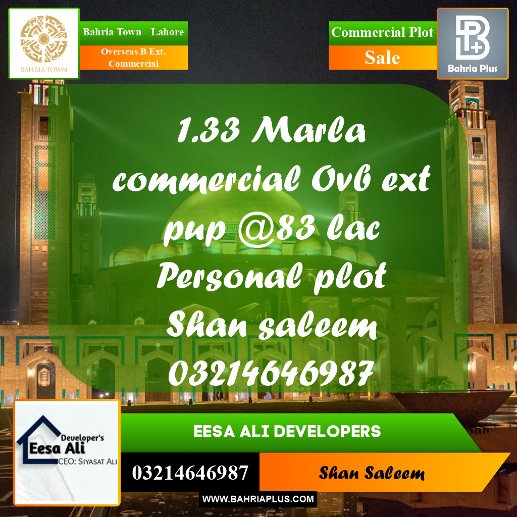 Commercial Plot for Sale in Overseas B Ext. Commercial - Bahria Town, Lahore - (BP-203594)