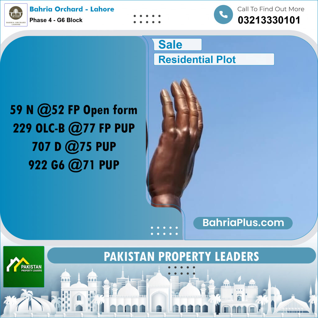 10 Marla Residential Plot for Sale in Phase 4 - G6 Block - Bahria Orchard, Lahore - (BP-203895)