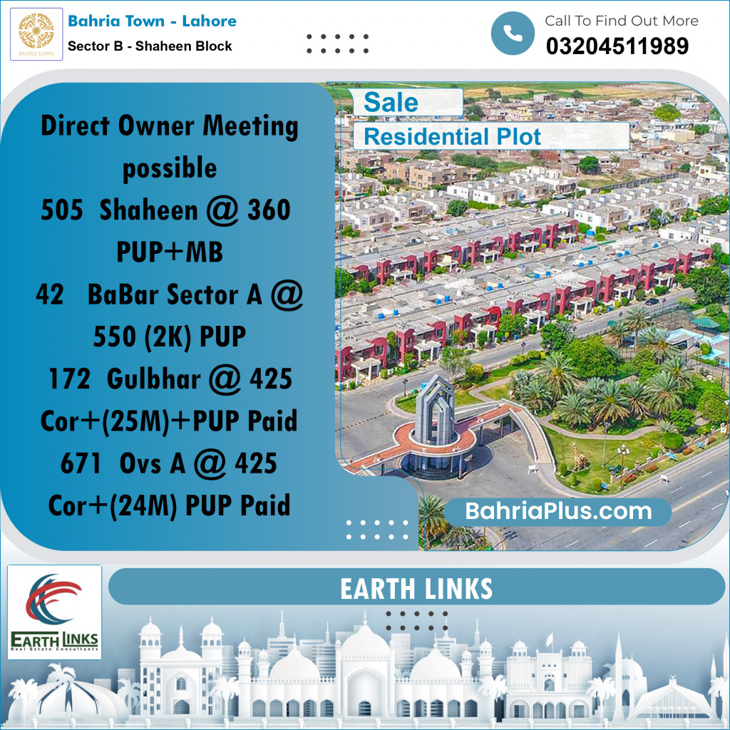 1 Kanal Residential Plot for Sale in Sector B - Shaheen Block - Bahria Town, Lahore - (BP-204025)