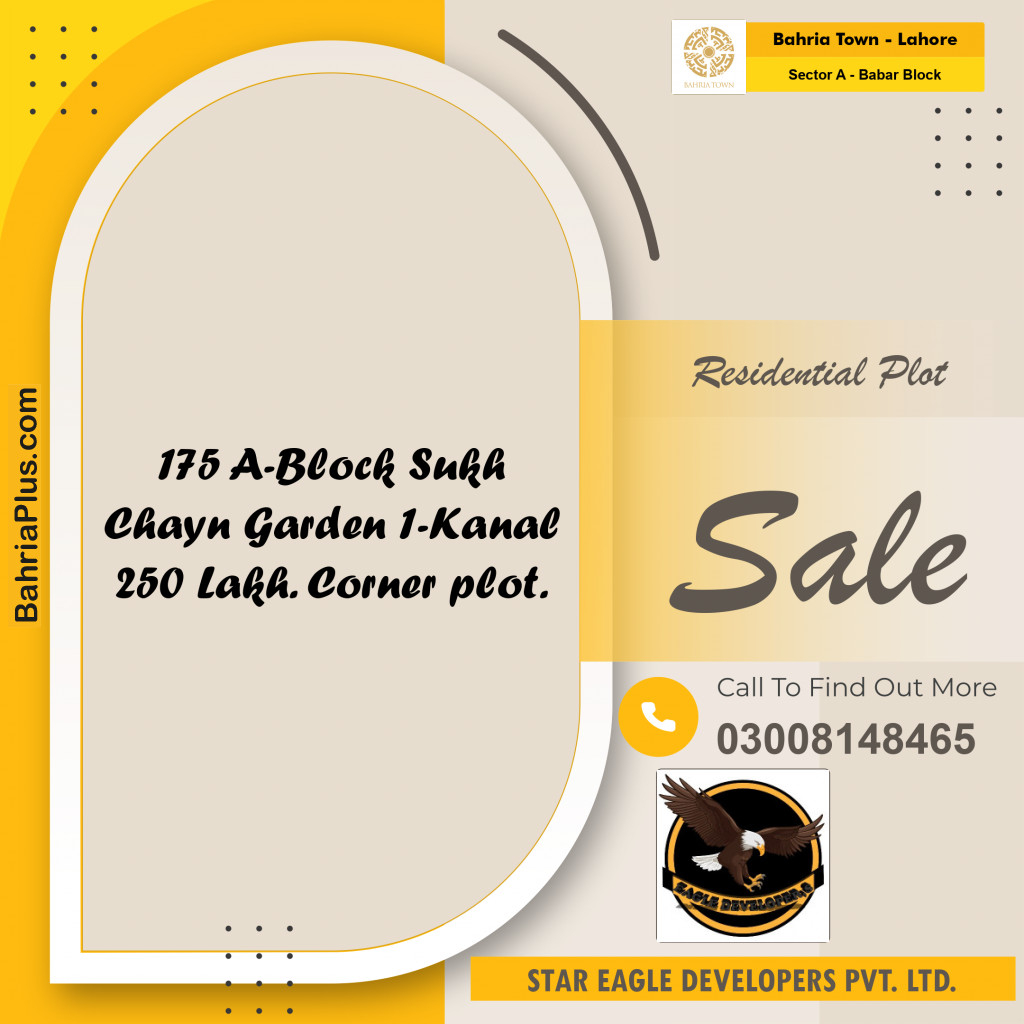 1 Kanal Residential Plot for Sale in Sector A - Babar Block -  Bahria Town, Lahore - (BP-204086)