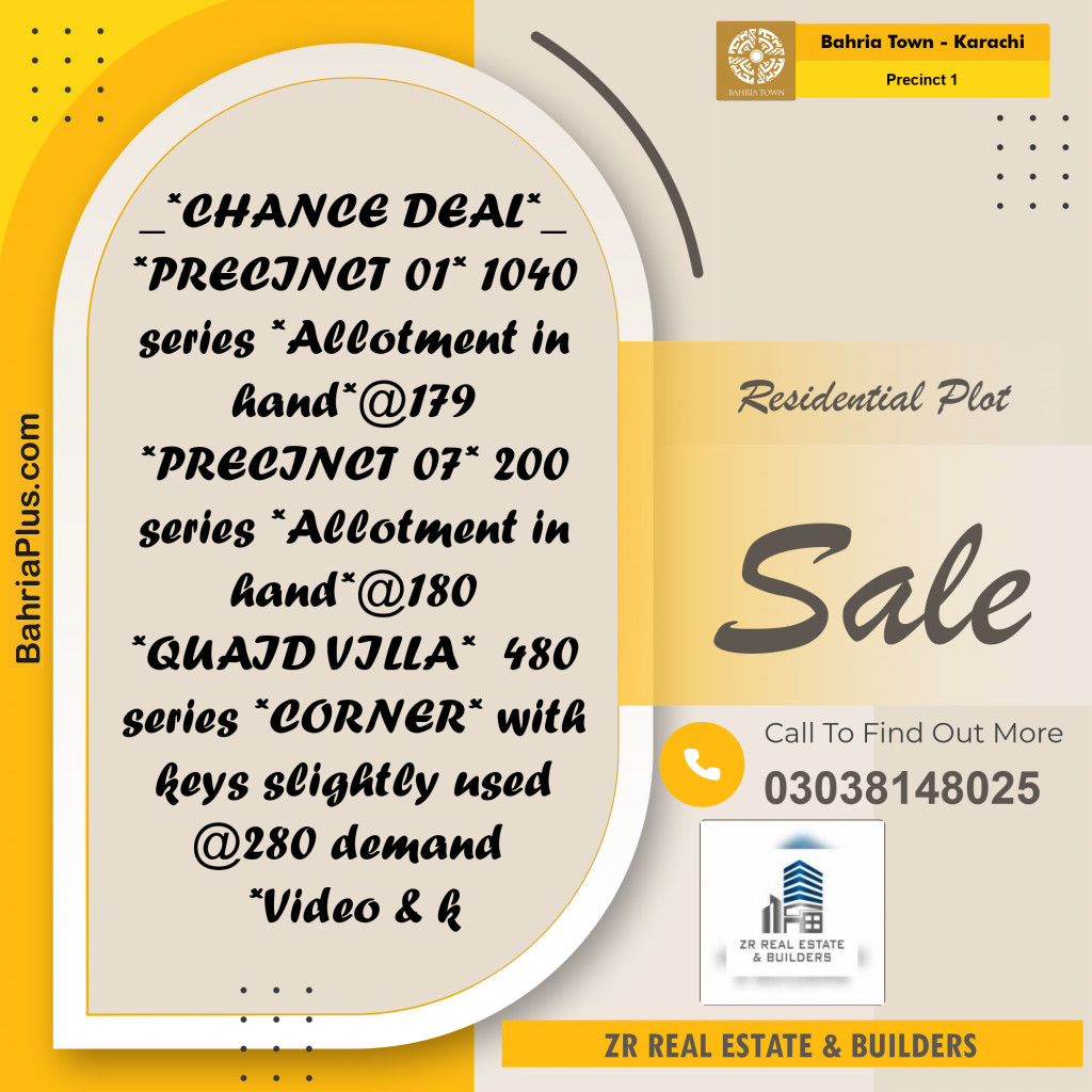 250 Sq. Yards Residential Plot for Sale in Precinct 1 -  Bahria Town, Karachi - (BP-204115)