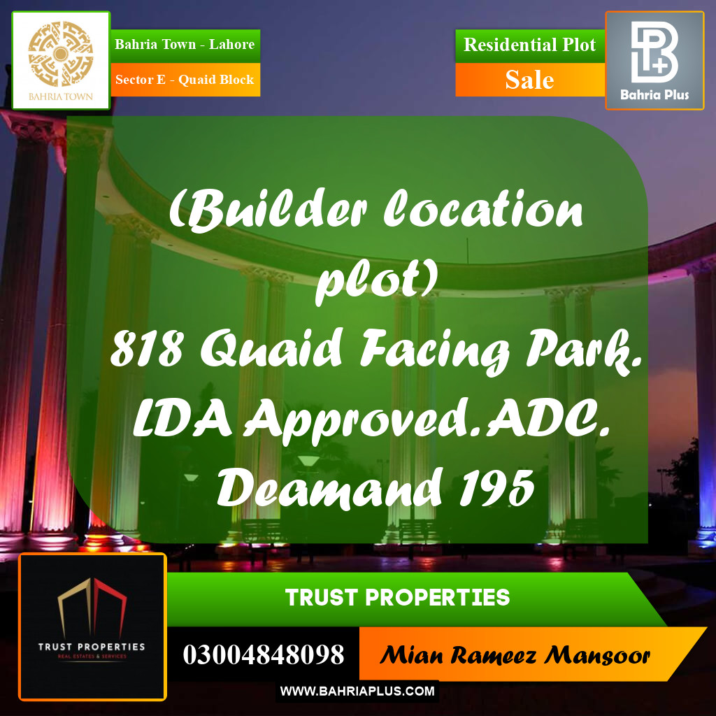 Residential Plot for Sale in Sector E - Quaid Block -  Bahria Town, Lahore - (BP-204281)