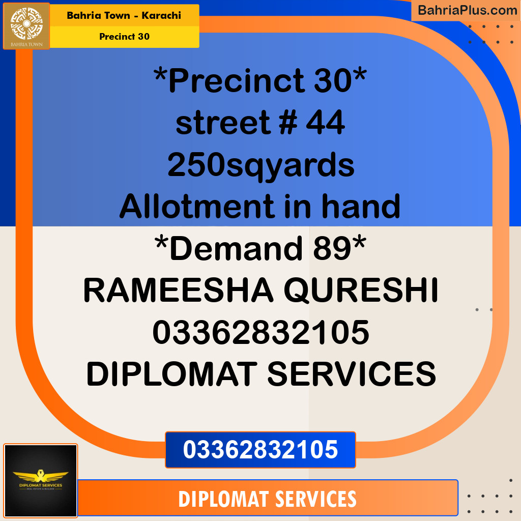 250 Sq. Yards Residential Plot for Sale in Precinct 30 -  Bahria Town, Karachi - (BP-204409)