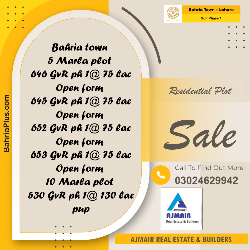 Residential Plot for Sale in Golf Phase 1 -  Bahria Town, Lahore - (BP-204545)