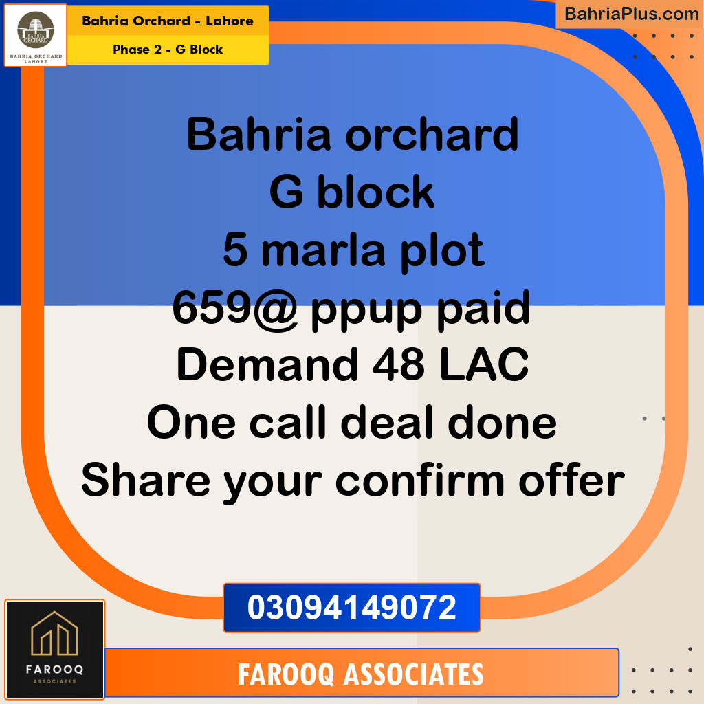 5 Marla Residential Plot for Sale in Phase 2 - G Block -  Bahria Orchard, Lahore - (BP-204648)