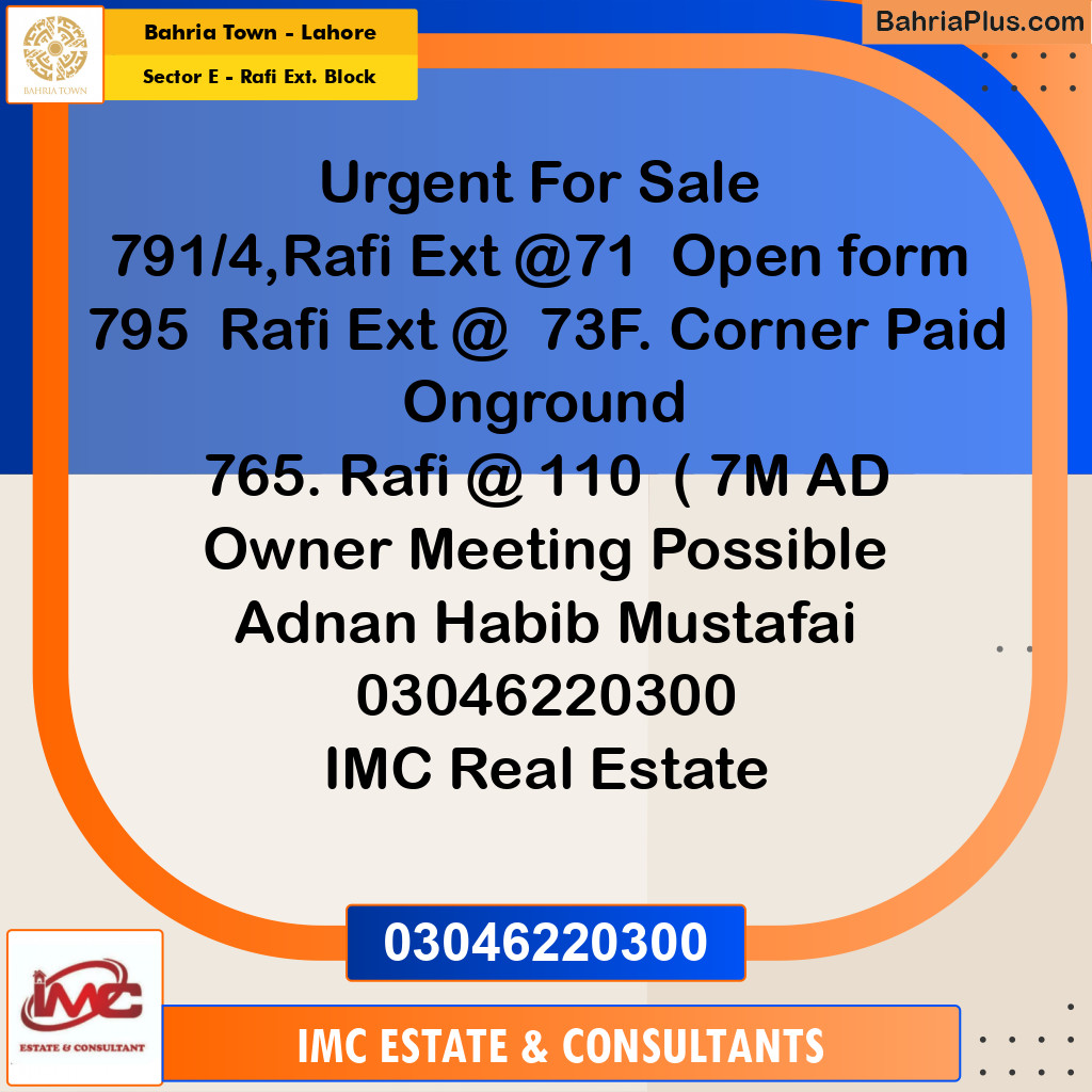 Residential Plot for Sale in Sector E - Rafi Ext. Block - Bahria Town, Lahore - (BP-205546)
