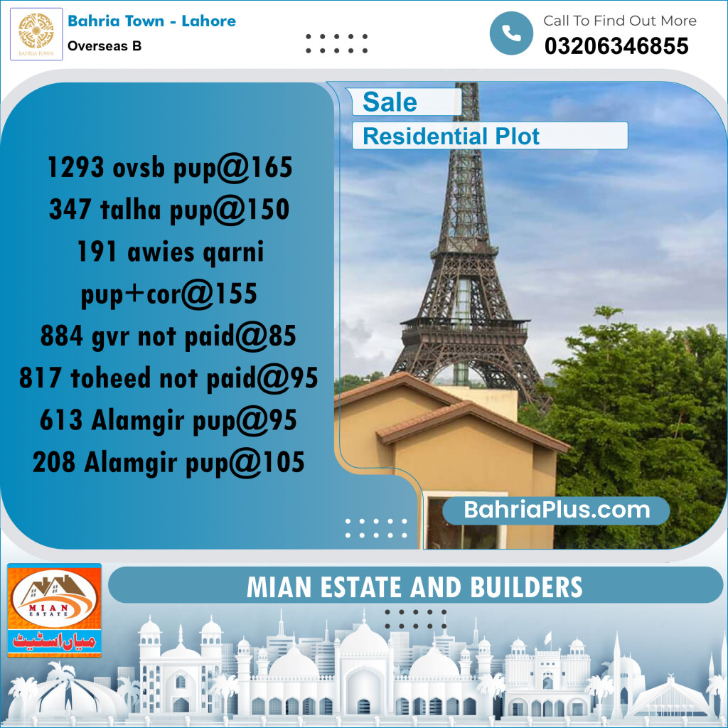 10 Marla Residential Plot for Sale in Overseas B -  Bahria Town, Lahore - (BP-205739)