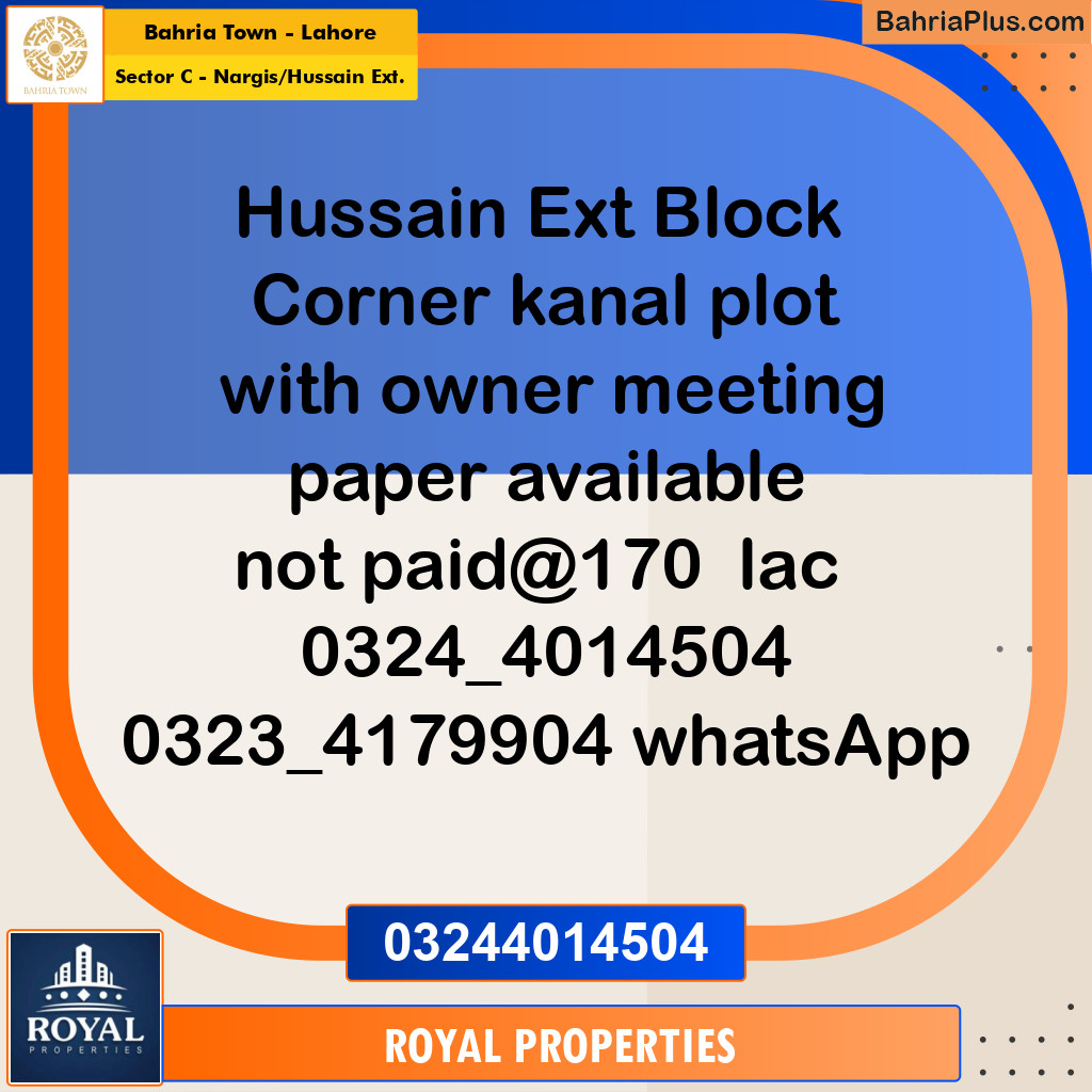 Residential Plot for Sale in Sector C - Nargis/Hussain Ext. - Bahria Town, Lahore - (BP-205792)