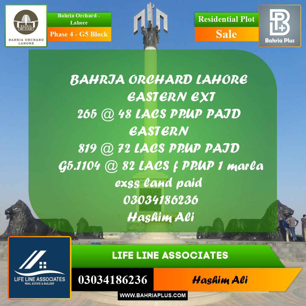 11 Marla Residential Plot for Sale in Phase 4 - G5 Block -  Bahria Orchard, Lahore - (BP-205830)