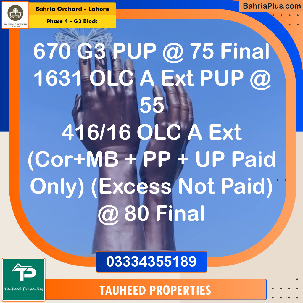 10 Marla Residential Plot for Sale in Phase 4 - G3 Block -  Bahria Orchard, Lahore - (BP-205840)