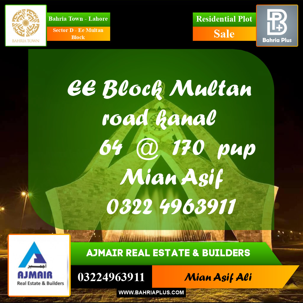 Residential Plot for Sale in Sector D - EE Multan Block -  Bahria Town, Lahore - (BP-206099)
