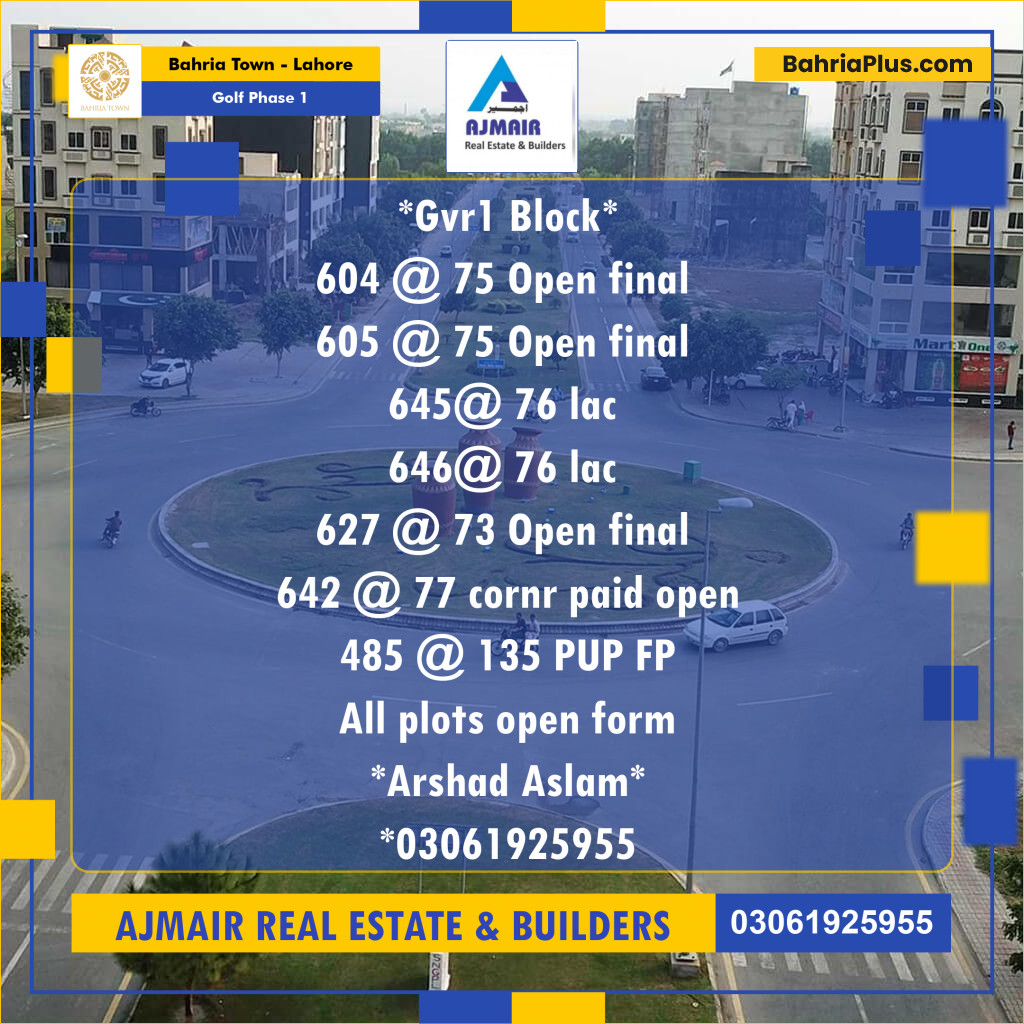 Residential Plot for Sale in Golf Phase 1 -  Bahria Town, Lahore - (BP-206303)