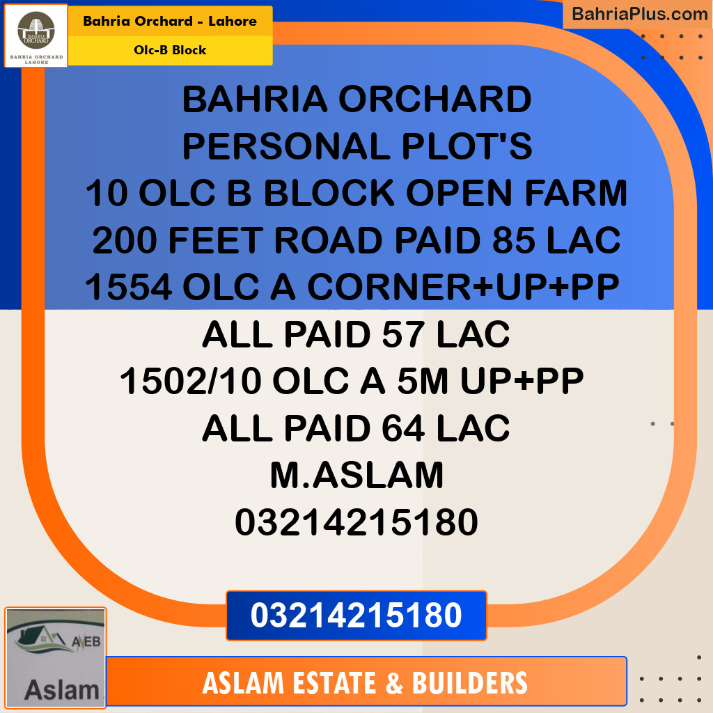 8 Marla Residential Plot for Sale in OLC-B Block -  Bahria Orchard, Lahore - (BP-206391)
