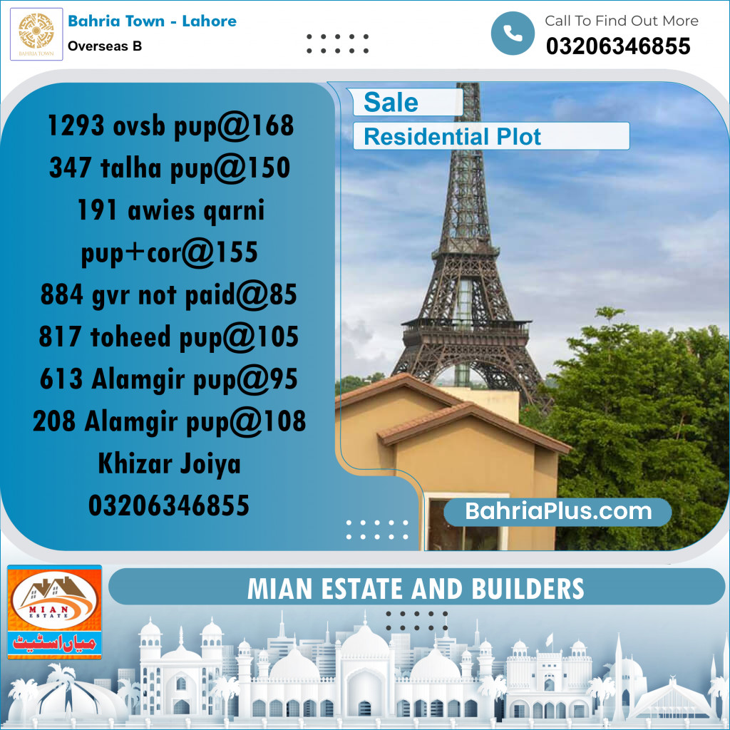 10 Marla Residential Plot for Sale in Overseas B -  Bahria Town, Lahore - (BP-206420)