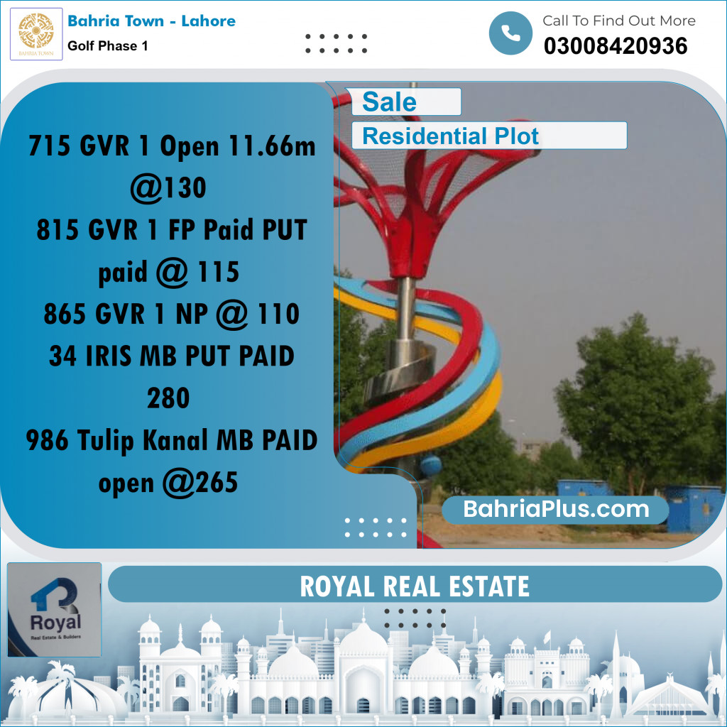 10 Marla Residential Plot for Sale in Golf Phase 1 -  Bahria Town, Lahore - (BP-206455)
