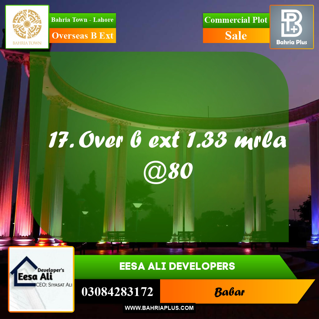 1.33 Marla Commercial Plot for Sale in Overseas B Ext -  Bahria Town, Lahore - (BP-206601)