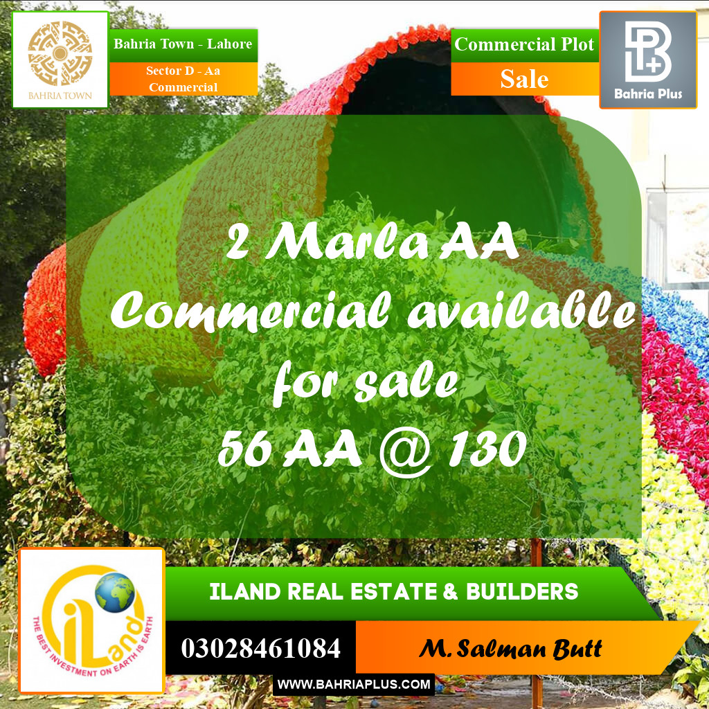 2 Marla Commercial Plot for Sale in Sector D - AA Commercial -  Bahria Town, Lahore - (BP-206761)