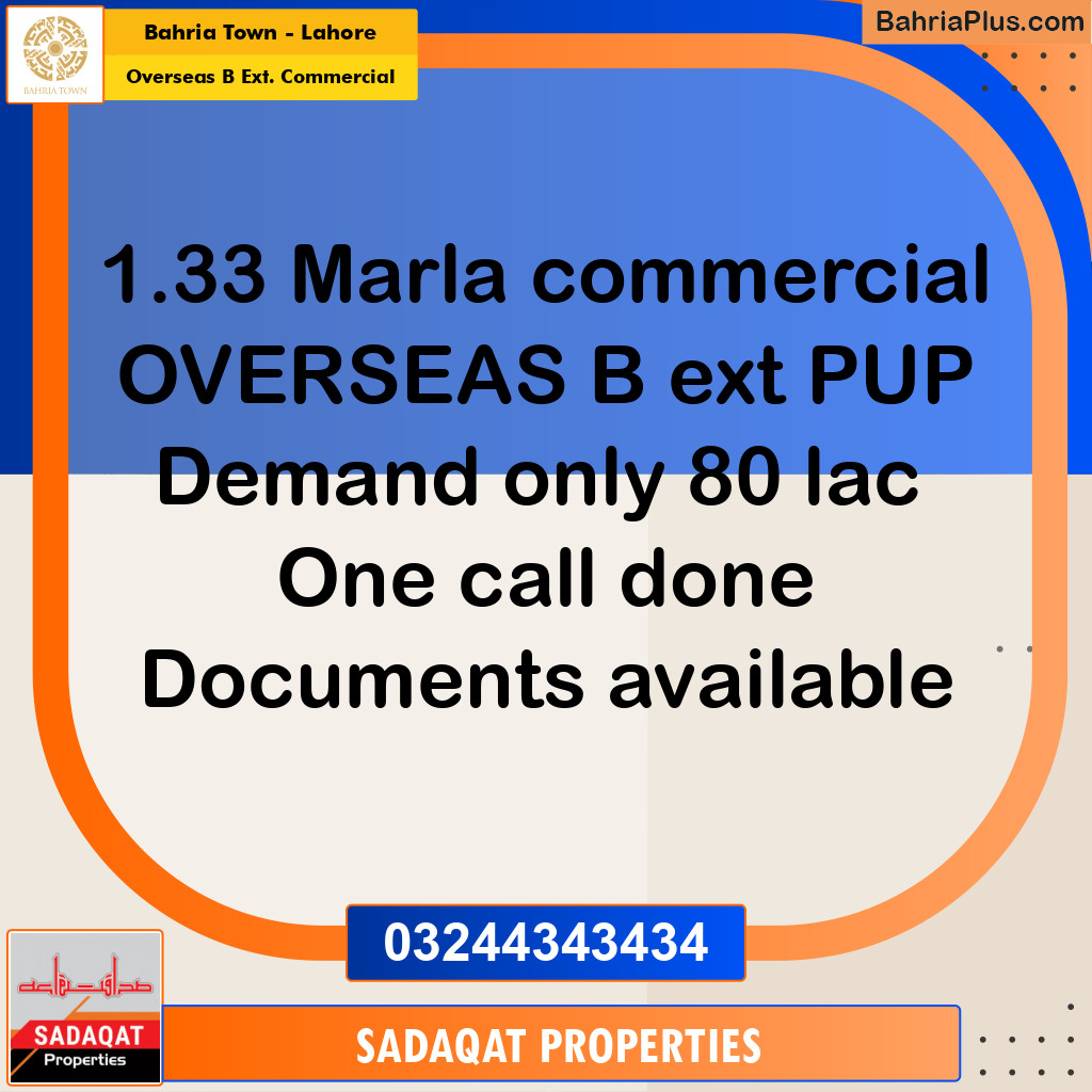 1.33 Marla Commercial Plot for Sale in Overseas B Ext. Commercial -  Bahria Town, Lahore - (BP-206784)