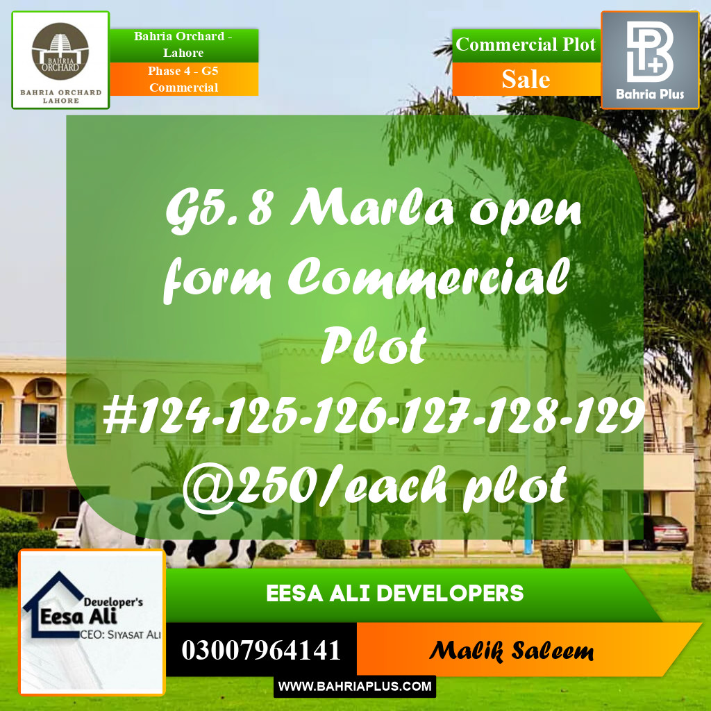 8 Marla Commercial Plot for Sale in Phase 4 - G5 Commercial -  Bahria Orchard, Lahore - (BP-206789)