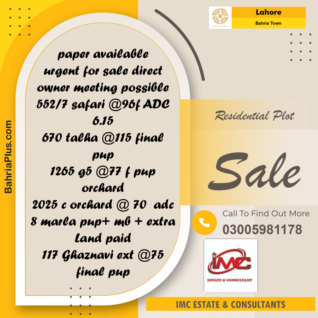 Residential Plot for Sale in Bahria Town, Lahore - (BP-206861)