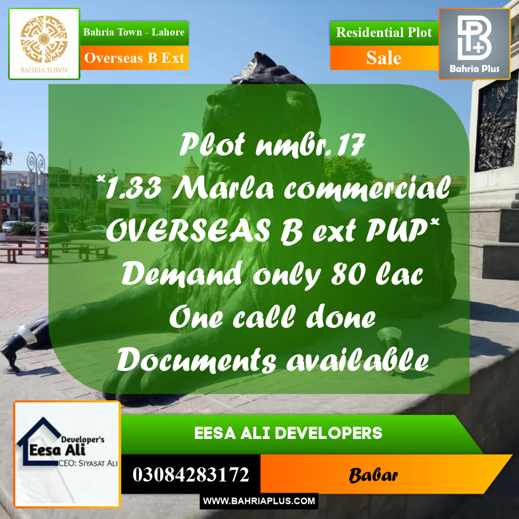 1.33 Marla Residential Plot for Sale in Overseas B Ext -  Bahria Town, Lahore - (BP-206873)