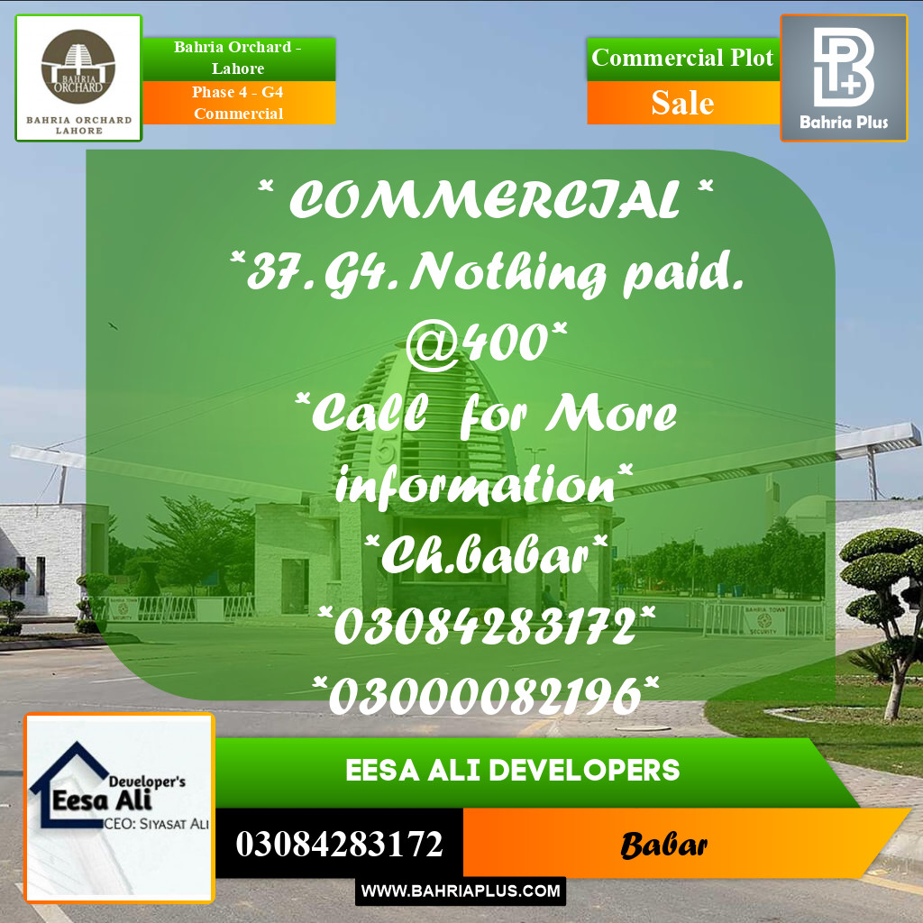 8 Marla Commercial Plot for Sale in Phase 4 - G4 Commercial -  Bahria Orchard, Lahore - (BP-207093)