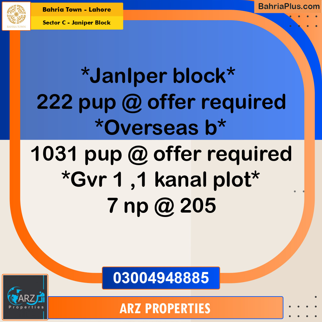 Residential Plot for Sale in Sector C - Janiper Block -  Bahria Town, Lahore - (BP-207174)