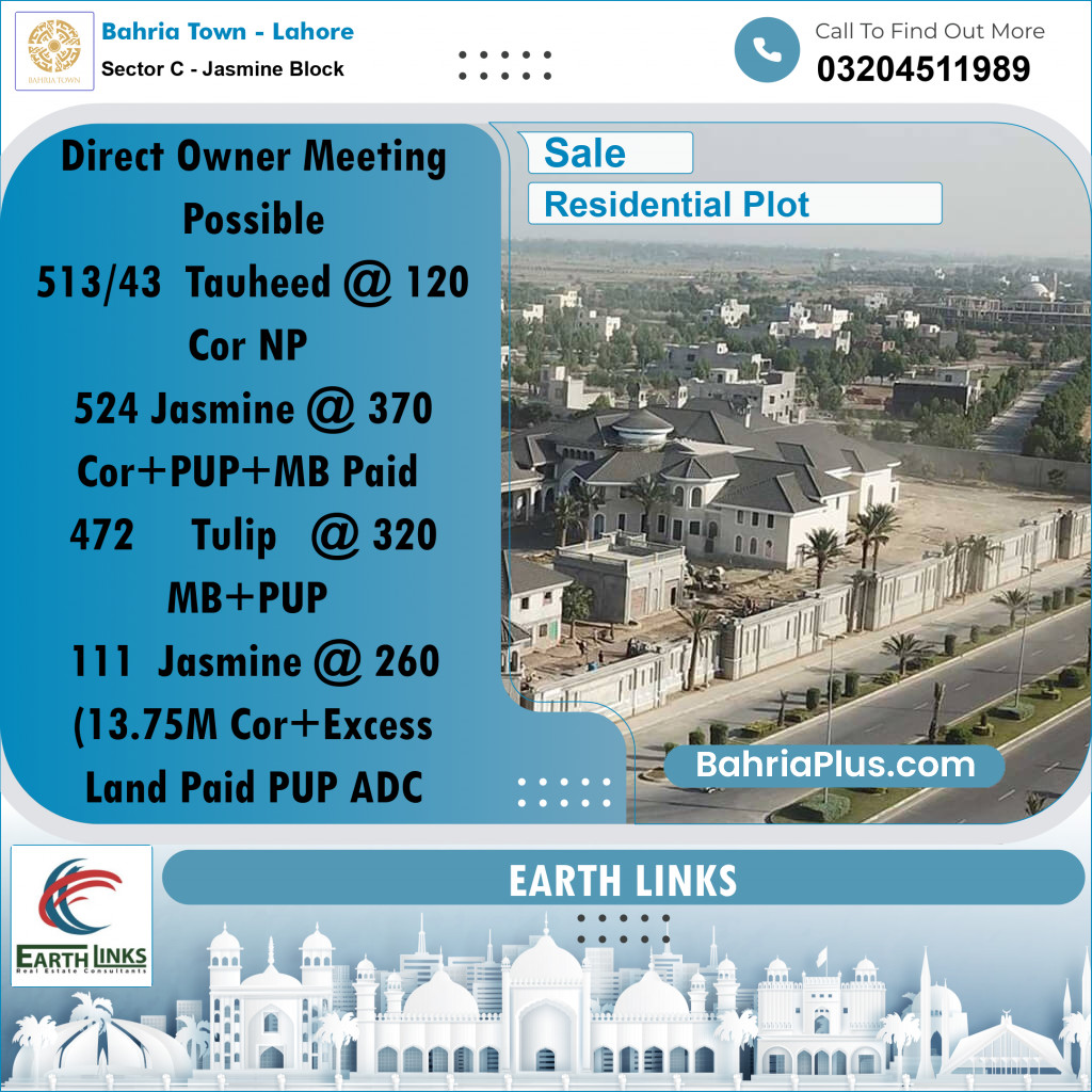 1 Kanal Residential Plot for Sale in Sector C - Jasmine Block -  Bahria Town, Lahore - (BP-207271)
