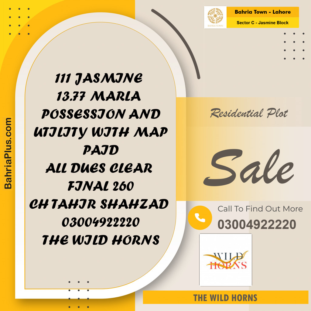 10 Marla Residential Plot for Sale in Sector C - Jasmine Block -  Bahria Town, Lahore - (BP-207298)
