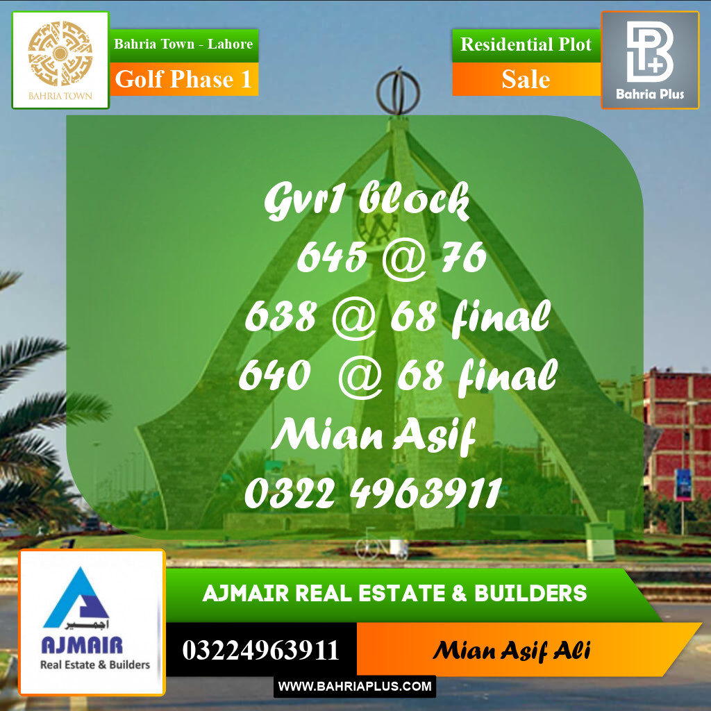 Residential Plot for Sale in Golf Phase 1 -  Bahria Town, Lahore - (BP-207315)