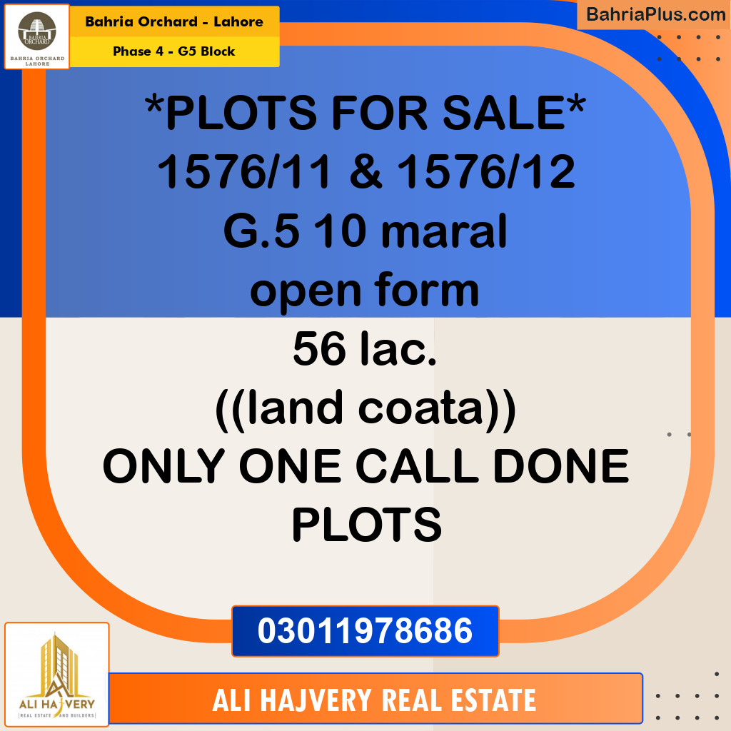 10 Marla Residential Plot for Sale in Phase 4 - G5 Block -  Bahria Orchard, Lahore - (BP-207366)