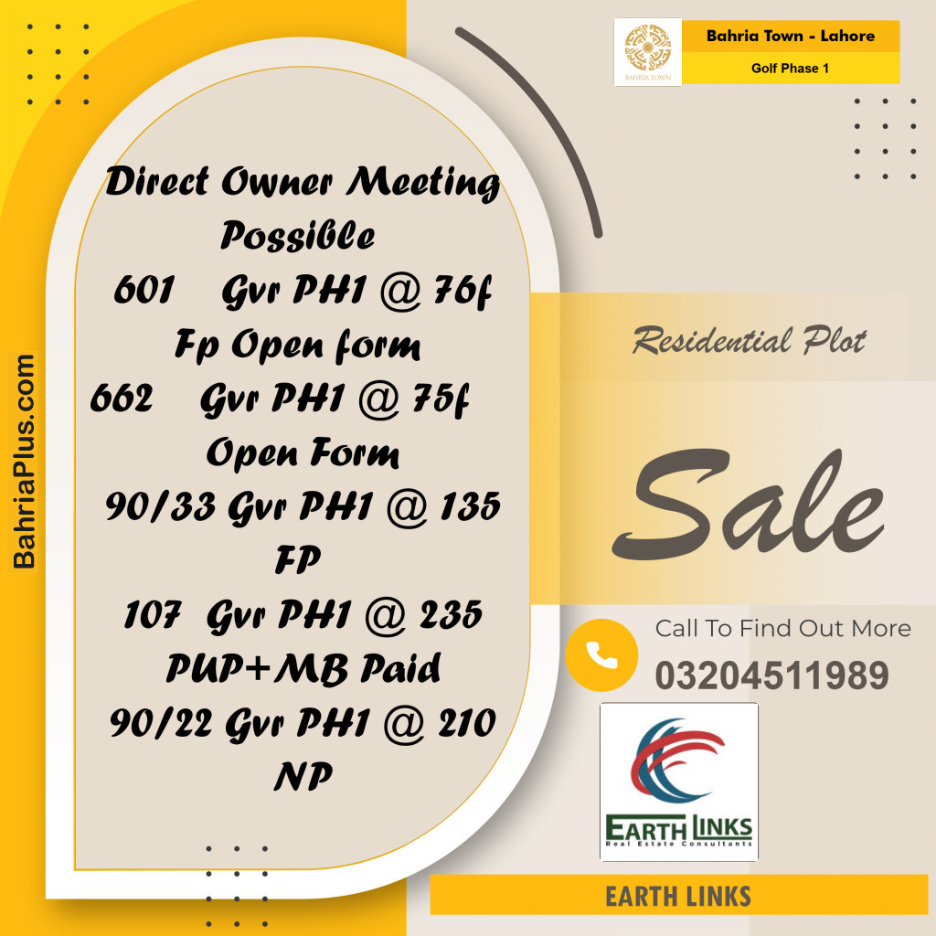 10 Marla Residential Plot for Sale in Golf Phase 1 -  Bahria Town, Lahore - (BP-207519)