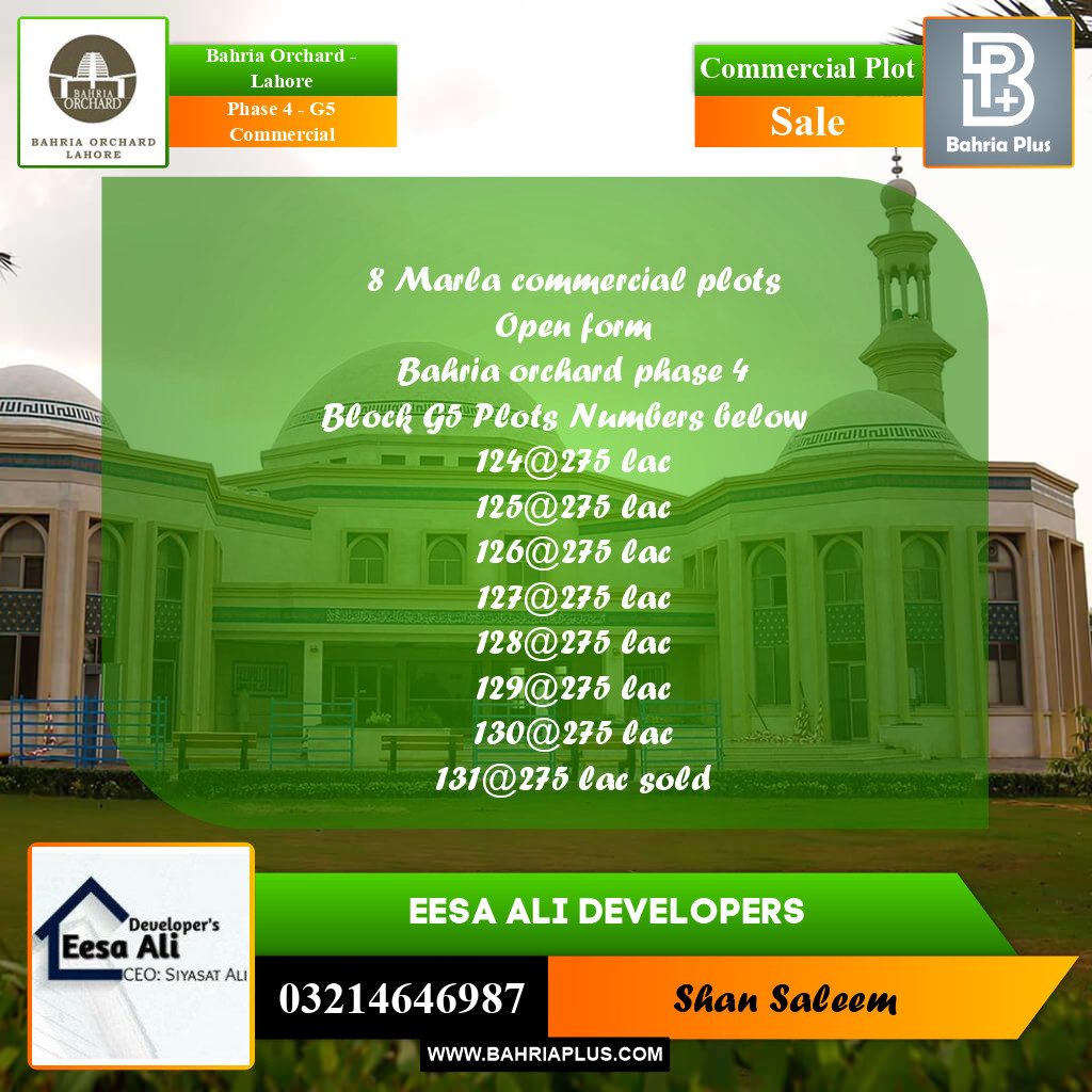 8 Marla Commercial Plot for Sale in Phase 4 - G5 Commercial -  Bahria Orchard, Lahore - (BP-207846)