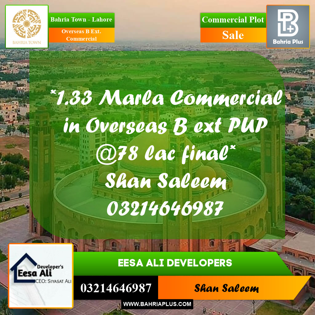 Commercial Plot for Sale in Overseas B Ext. Commercial -  Bahria Town, Lahore - (BP-207851)