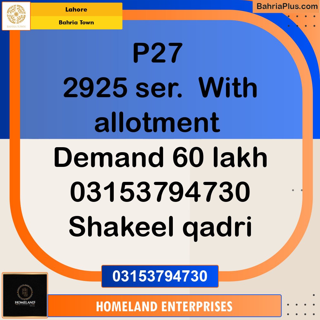 125 Sq. Yards Residential Plot for Sale in Bahria Town, Lahore - (BP-208062)