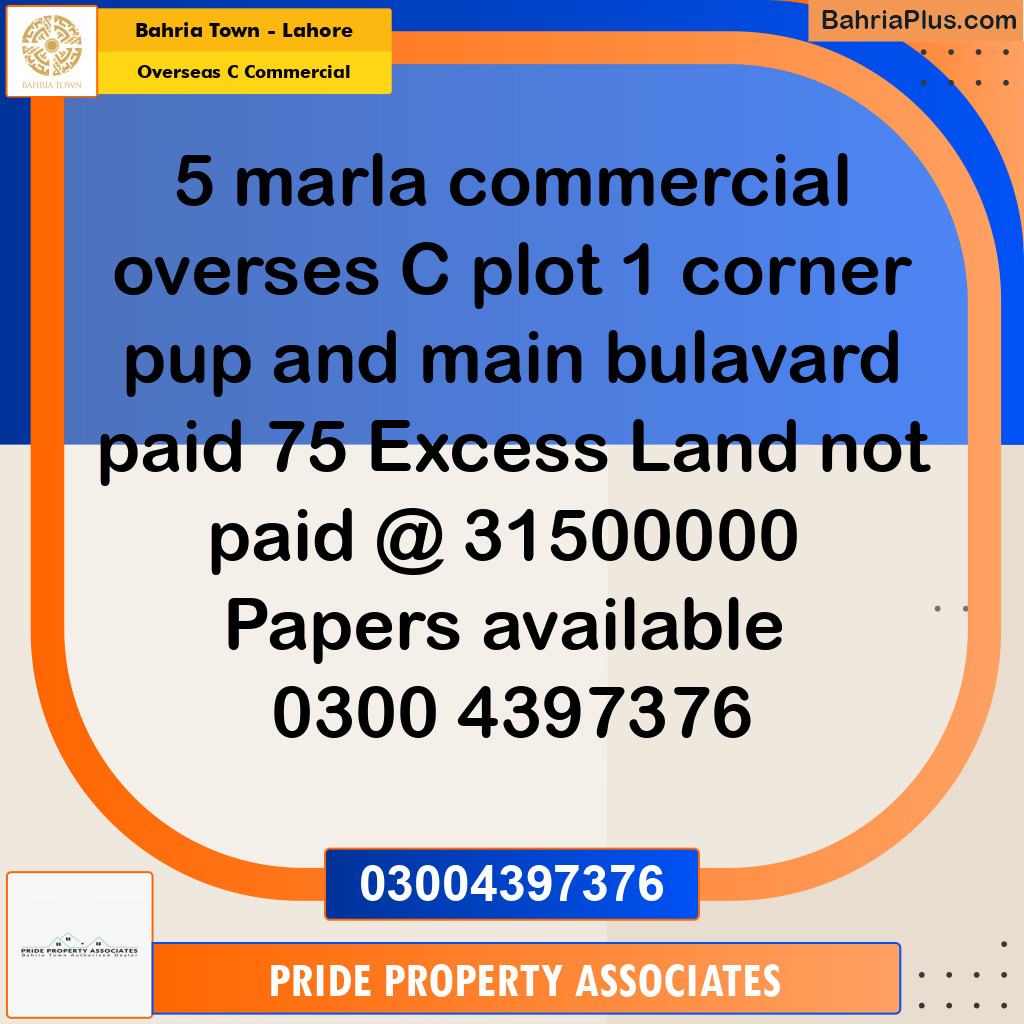 5 Marla Commercial Plot for Sale in Overseas C Commercial - Bahria Town, Lahore - (BP-208100)