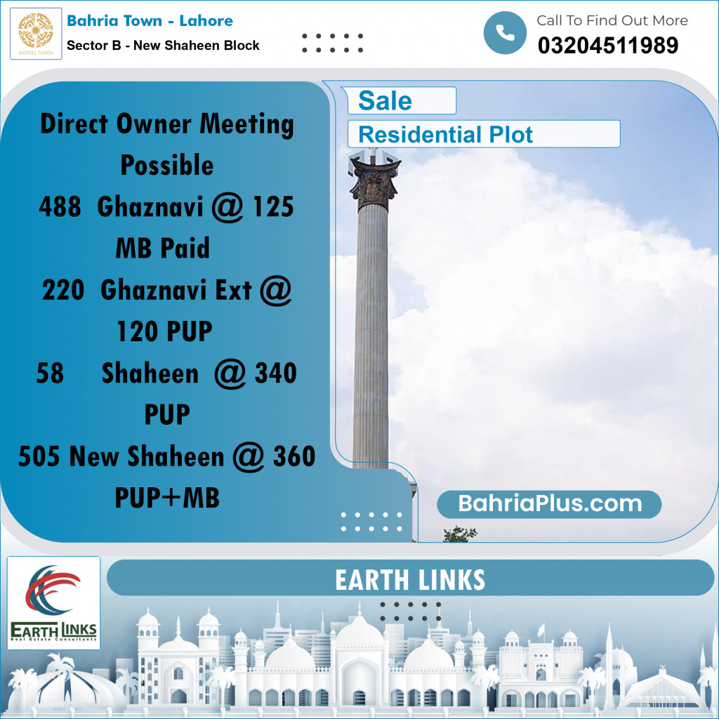 1 Kanal Residential Plot for Sale in Sector B - New Shaheen Block -  Bahria Town, Lahore - (BP-208108)
