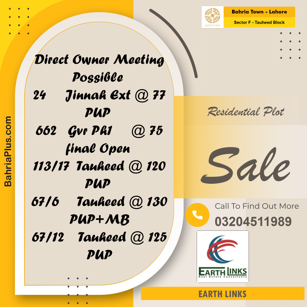 10 Marla Residential Plot for Sale in Sector F - Tauheed Block -  Bahria Town, Lahore - (BP-208114)