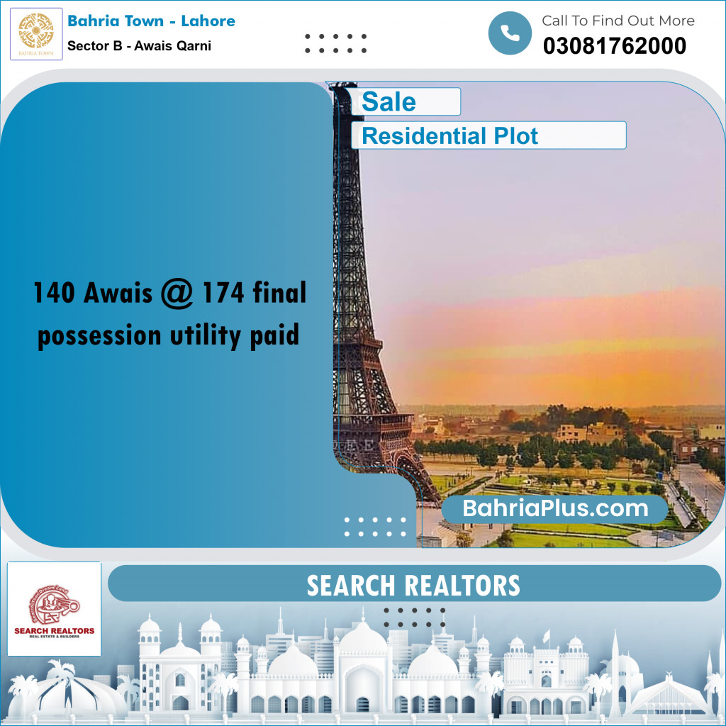 10 Marla Residential Plot for Sale in Sector B - Awais Qarni - Bahria Town, Lahore - (BP-208253)