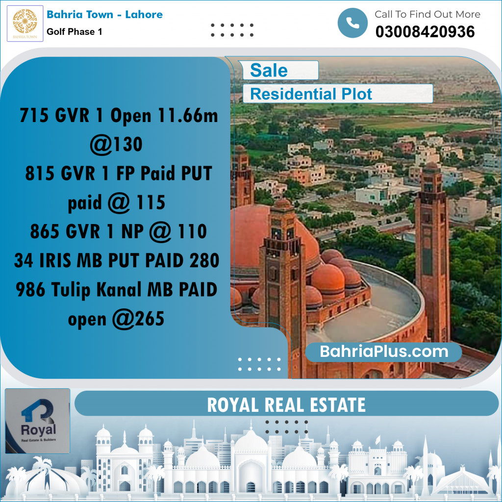 10 Marla Residential Plot for Sale in Golf Phase 1 - Bahria Town, Lahore - (BP-208419)
