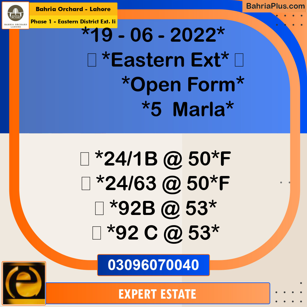 5 Marla Residential Plot for Sale in Phase 1 - Eastern District Ext. II -  Bahria Orchard, Lahore - (BP-208557)