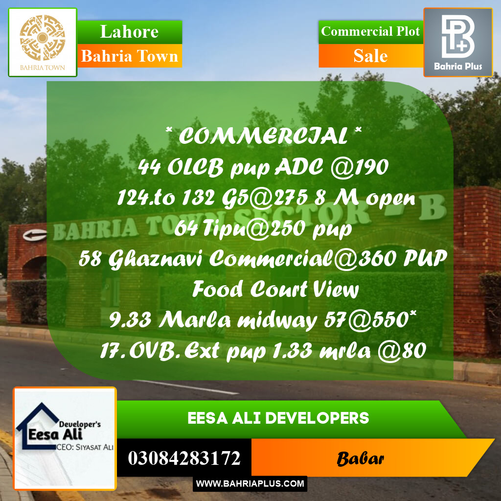 Commercial Plot for Sale in Bahria Town, Lahore - (BP-208592)