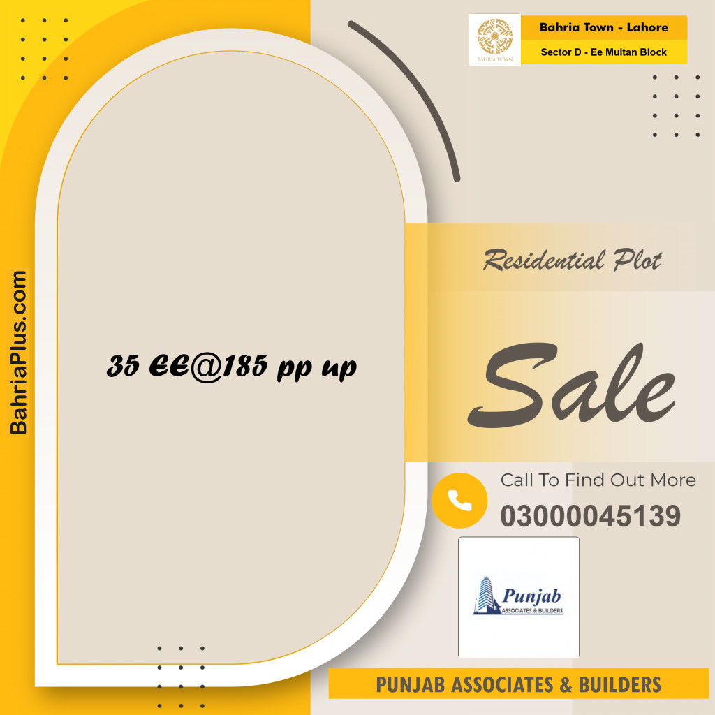 20 Marla Residential Plot for Sale in Sector D - EE Multan Block -  Bahria Town, Lahore - (BP-208631)