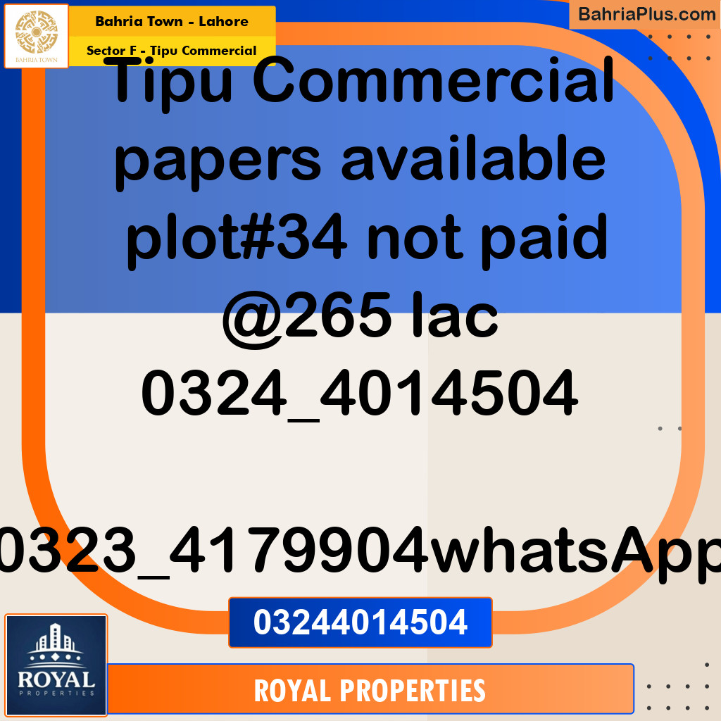 Commercial Plot for Sale in Sector F - Tipu Commercial -  Bahria Town, Lahore - (BP-208634)