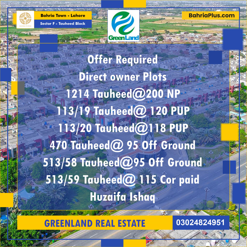 Residential Plot for Sale in Sector F - Tauheed Block -  Bahria Town, Lahore - (BP-208661)