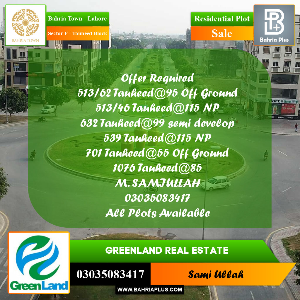 Residential Plot for Sale in Sector F - Tauheed Block -  Bahria Town, Lahore - (BP-208743)