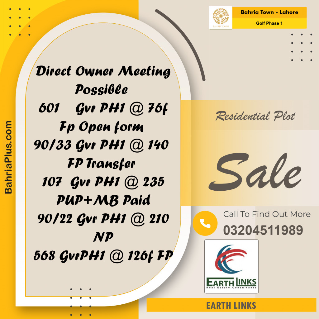 5 Marla Residential Plot for Sale in Golf Phase 1 -  Bahria Town, Lahore - (BP-208788)
